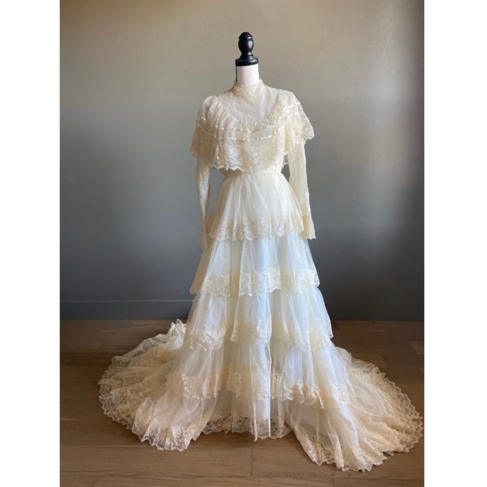 Vintage 1970s Victorian Tiered Wedding Dress